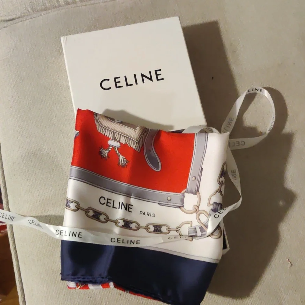 Celine Red White Navy Silk Scarf with Chain Motif